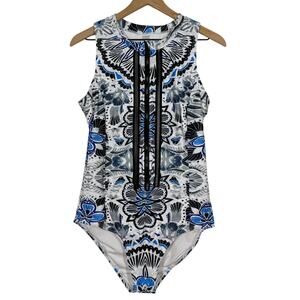 Venus Swimsuit Wmns Plus 18 Blue White Floral Zip Front One Piece Coastal Beach